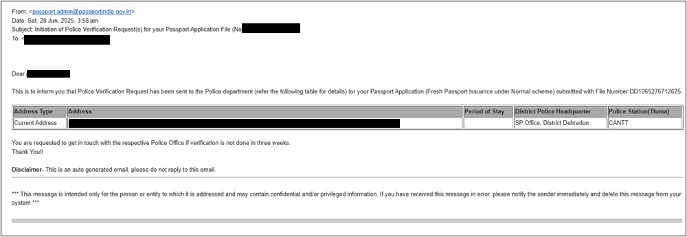 Initiation of Police Verification Request
