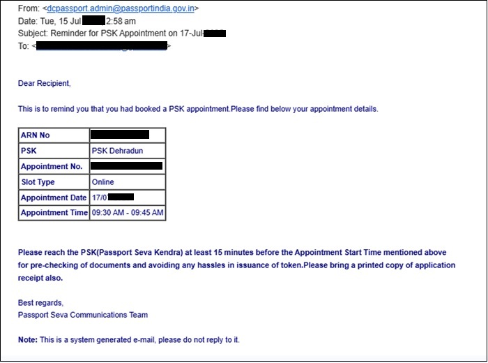 Reminder for PSK Appointment