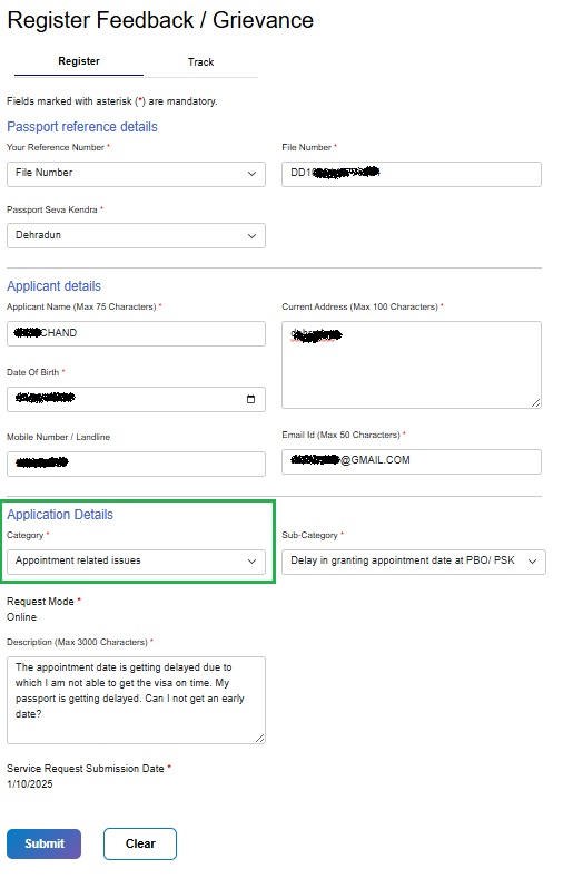 Register Feedback Grievance form 